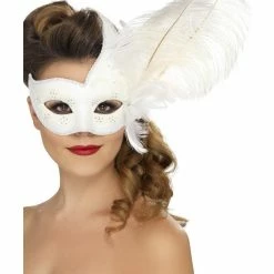 Smiffys USA Ornate Columbina Feather Eyemask Women's Masquerade White Mask