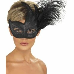 Smiffys USA Ornate Colombina Feather Women's Black Masquerade Mask Masks