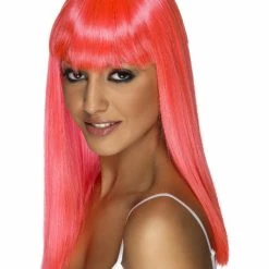 Smiffys USA Glamourama Neon Pink Women's Wig Long, Straight With Fringe