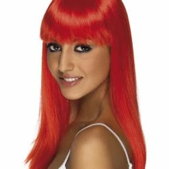 Smiffys USA Wigs & Beards Glamourama Neon Red Women's Wig Long, Straight With Fringe