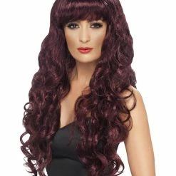 Smiffys USA Siren Women's Maroon Purple Wig Long & Curly With Fringe Wigs & Beards