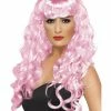 Smiffys USA Siren Women's Pretty Pink Wig Long & Curly With Fringe