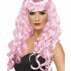 Smiffys USA Siren Women's Pretty Pink Wig Long & Curly With Fringe