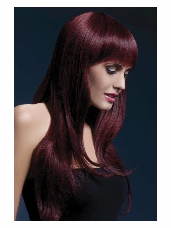 Smiffys USA Fever Sienna Women's Black Cherry Wig Long With Fringe Wigs & Beards 3 Smiffys USA Fever Sienna Women's Black Cherry Wig Long With Fringe Wigs & Beards