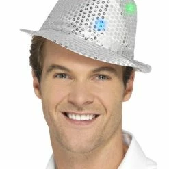 Smiffys USA Hats & Headpieces Light Up LED Sequin Trilby Hat Silver