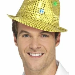 Smiffys USA Light Up LED Sequin Trilby Hat Gold