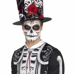 Smiffys USA Hats & Headpieces Day Of The Dead Skull & Rose Men's Top Hat