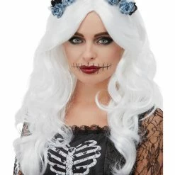 Smiffys USA Day Of The Dead Women's White Wig With Flowers Wigs & Beards