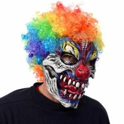 Zagone Studios Funny Bones, Evil Skull Clown Mask With Attached Rainbow Afro Wig Masks