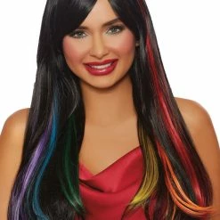 Dreamgirl Princess Long Straight Hidden Black Wig With Coloured Extensions Wigs & Beards